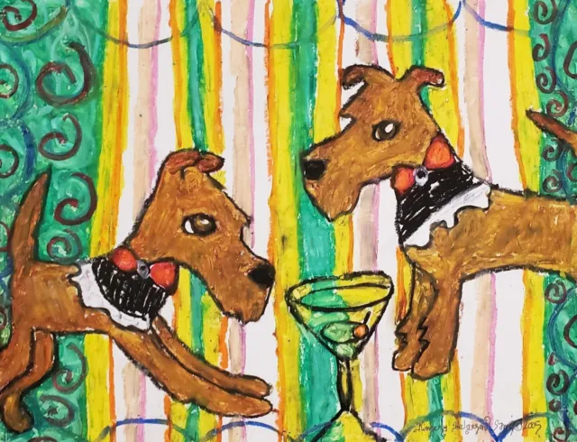 IRISH TERRIER with Martini Dog ORIGINAL signed 8.5x11 pastel art painting KSams