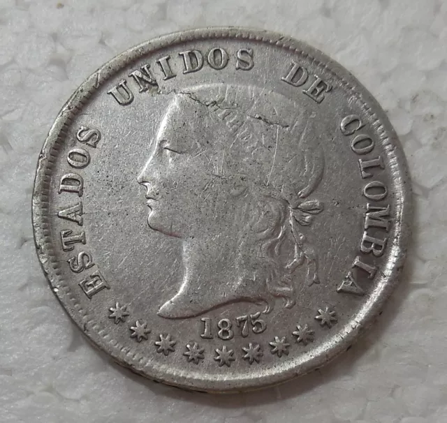 1875 Colombia 50 Centavos Silver Coin