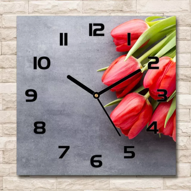 Reloj Decorativo de Vidrio Templado Estilo Moderno 30x30 Tulipanes rojos Flores