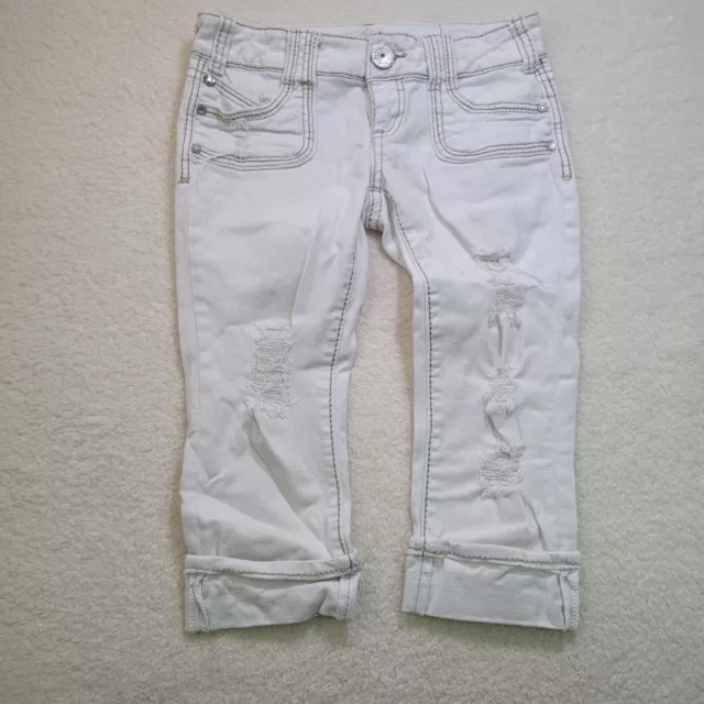 ALMOST FAMOUS WHITE Cropped Distressed Capris Denim Jeans Size 5 Pre ...