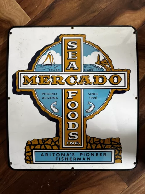 Vintage Original MERCADO SEA FOODS Phoenix AZ Porcelain Advertising Sign