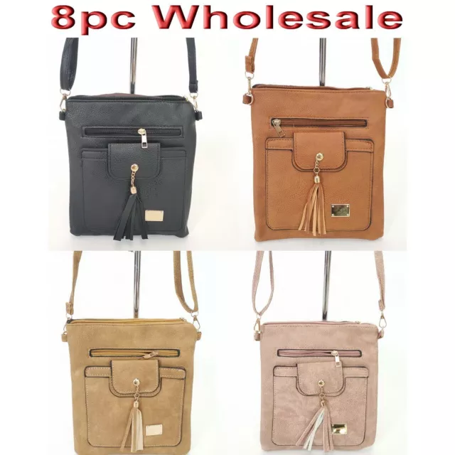 8pc Wholesale Women PU Leather Multi-pockets Crossbody Bag Messenger Handbag Mix