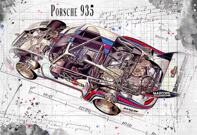 Line Tech Drawing Porsche 935  Martini Race Porsche Cutaway Art Poster Print