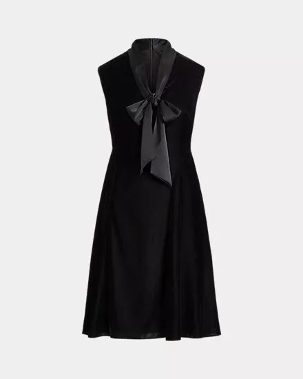 Lauren Ralph Lauren Tie-Neck Velvet Dress Womens 8 Black A-Line Sleeveless NWT