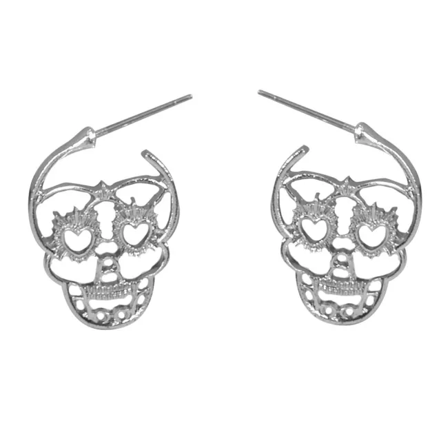 Silver Hollow out Halloween Skull Statement Stud Earrings Punk Pirate Jewellery