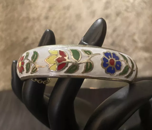 Vintage Floral Enamel Cloisonne Hinged Silver Plate Bangle Bracelet