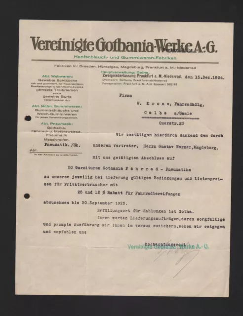 FRANKFURT/M.-Niederrad, Brief 1924, Vereinigte Gothania-Werke AG Hanfschlauch-