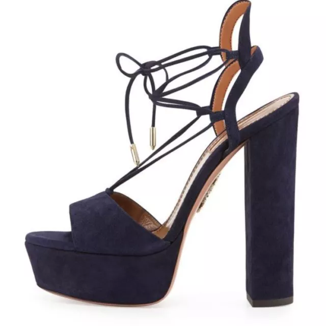 Aquazzura Austin Plateau Suede Platform Lace-Up Sandals Ink Blue Size 38.5