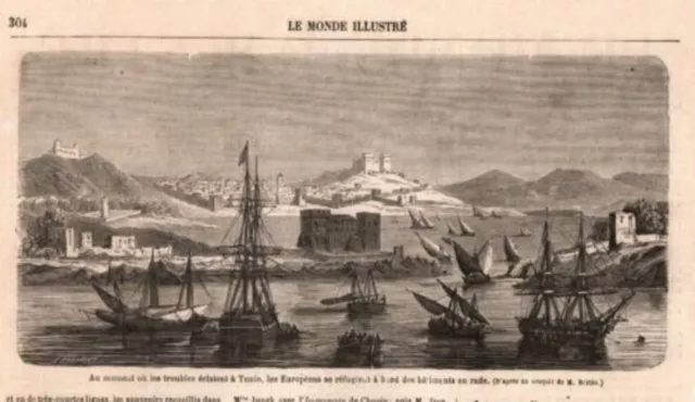 19th TROUBLES WOODCUT IN TUNIS EUROPEANS TAKE REFUGE IN THE HARBOUR