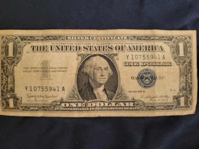 One 1957 B Series Blue Seal $1 Dollar Silver Certificate USA Note