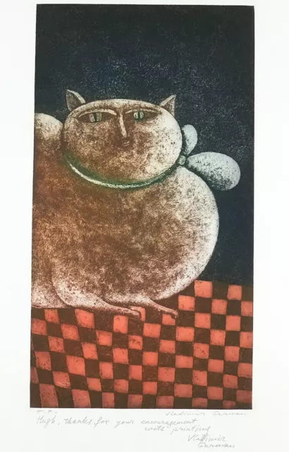 Vintage Serigraph, Etching Print, Vladimir German Signe, Pencil Signed, 'Cat' 2