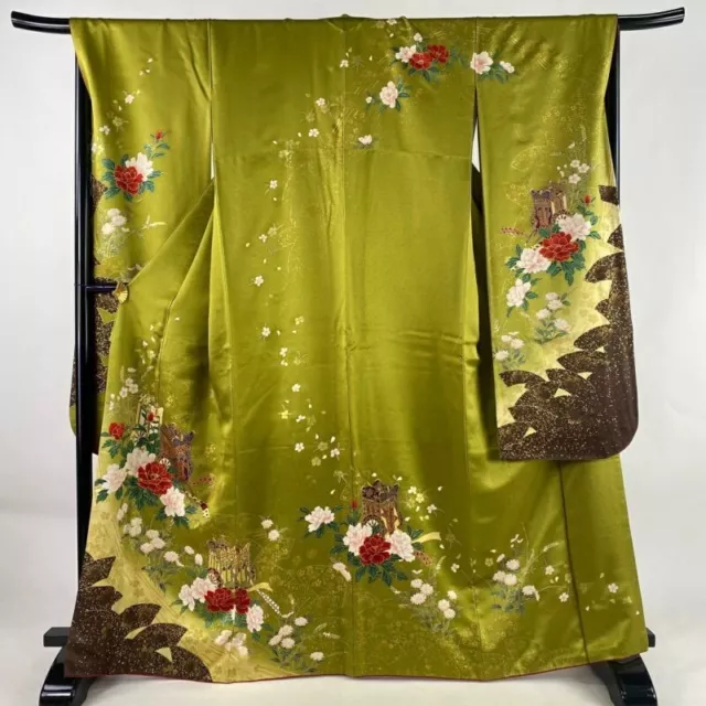 Japanese Kimono Furisode Pure Silk An Ox Drawn Coach Peony Greenish Brown Color