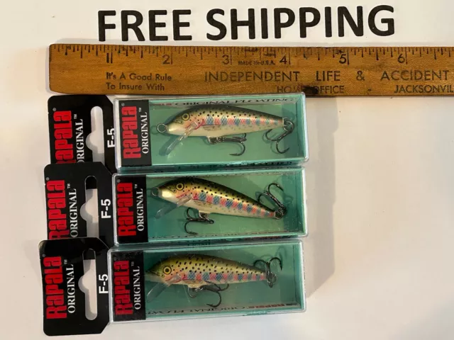 LOT OF 3 rapala f-5 rt minnow f5 original floating lure 2" 1/16oz rainbow trout