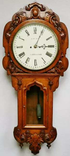 Antique English 8 Day Twin Fusee Highly Carved Oak Drop Dial Tavern Wall Clock
