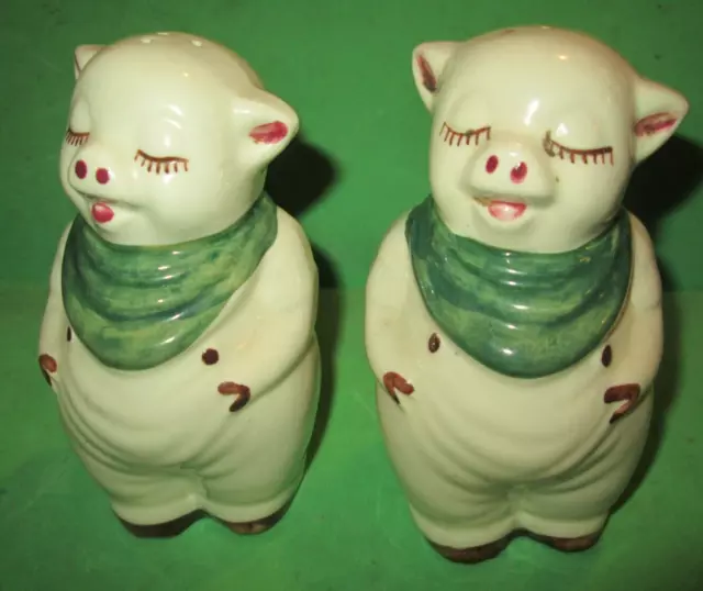 1950's Shawnee POTTERY GLASS 5 INCH SMILEY PIG Salt & Pepper Shakers ANTIQUE VTG