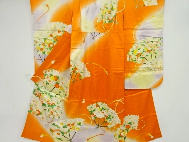 39378# Japanese Kimono / Antique Kimono For Girls / Embroidery / Flower Folding