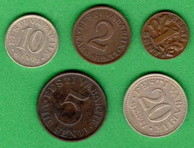 1929-35s. ESTONIA 1, 2, 5, 10 and 20 SENTI LOT OF 5 COINS 2690