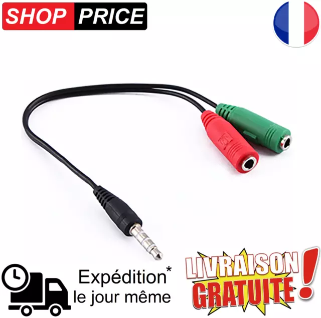 Câble adaptateur casque PC micro smartphone 3.5mm Jack Mâle/Double 3.5 femelle