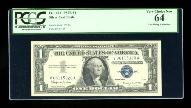 DBR $1 1957-B Silver Fr. 1621 VA Block PCGS 64 Serial V06115320A