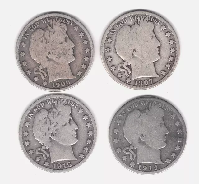 US 1906-P, 1907-O, 1914-S & 1915-S SILVER BARBER HALF DOLLARS (VG - Fine)