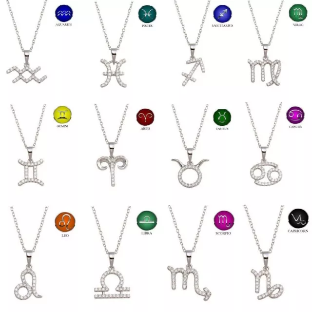 Sterling Silver Necklace w/ CZ Stones Horoscope Zodiac Sign Pendant