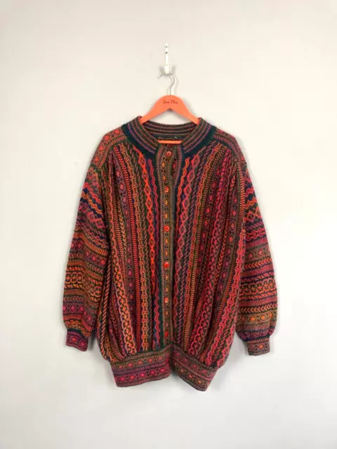 Cardigan vintage con motivo, grigio rosso, taglia XXL, anni '80, oversize, lavorato a maglia