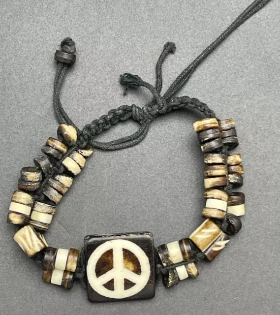 Vtg Hawaiian Wood Beaded Peace Sign Bracelet/Anklet Adjustable String