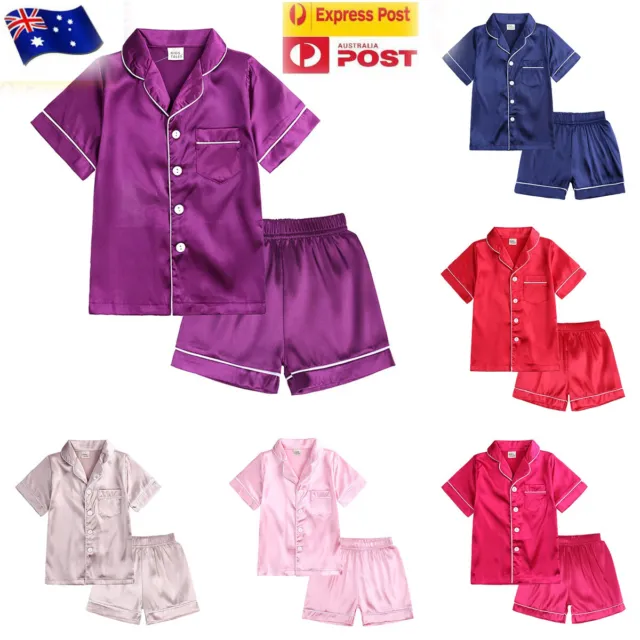 Kids Satin Silk Sleepwear Pyjamas Set Nightwear Pjs T-shirt Top + Pants Suits