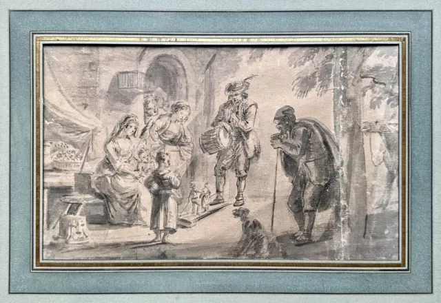 Antique drawing 18th signed PARROCEL ink washes show puppets puppets puppets