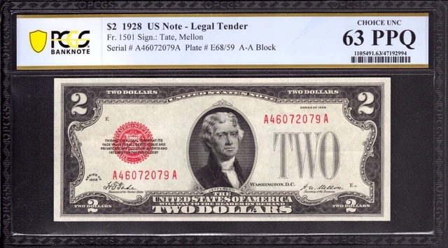 1928 $2 Legal Tender Red Seal Fr.1501 Aa Block Pcgs B Choice Unc Cu 63 Ppq
