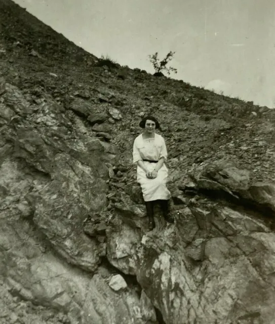 Woman Sitting On Rock Formation Mountain B&W Photograph 2.5 x 4.25