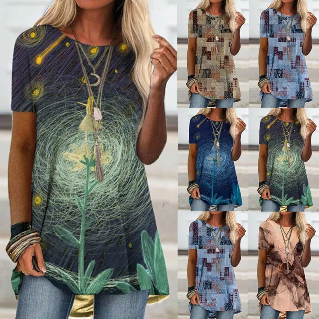 Women Tunic Long Tops Shirts Blouse Plus Size Ladies Print Summer Tee T-shirt US