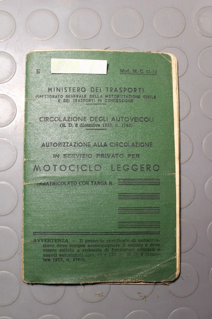 Accessorio Lambretta Innocenti 125 1953 Libretto + Foglio Complementare + Visura