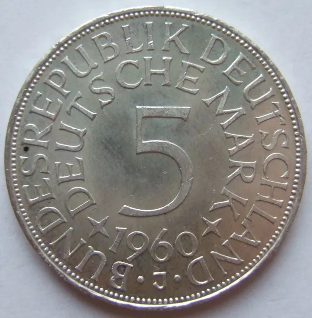 Moneta Rfg Aquila Argento 5 Tedesco Marchi 1960 J IN Uncirculated