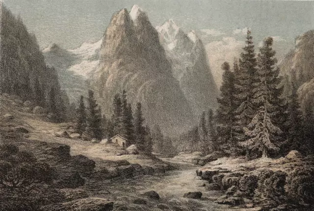 WETTERHORN, Wellhorn und Rosenlaui - Berner Alpen - Farblithographie um 1840