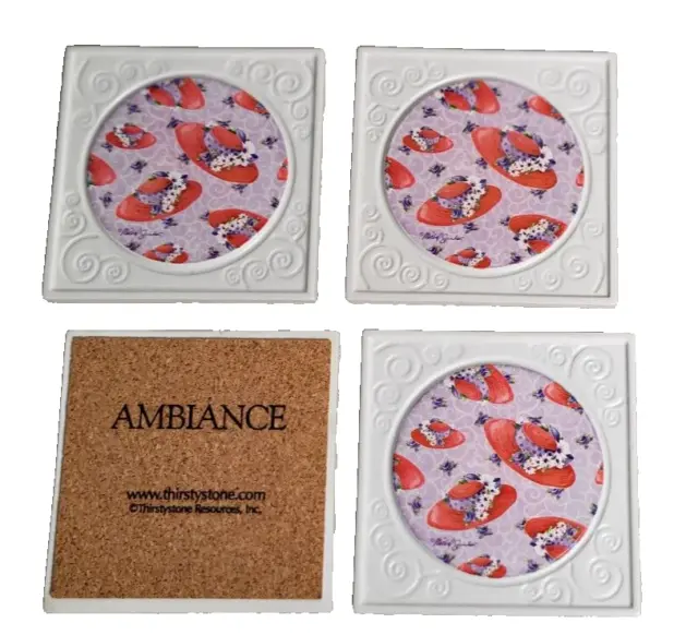 Thirstystone White Ceramic Coasters 4-Piece Set Red Hat Society New Ambiance 2