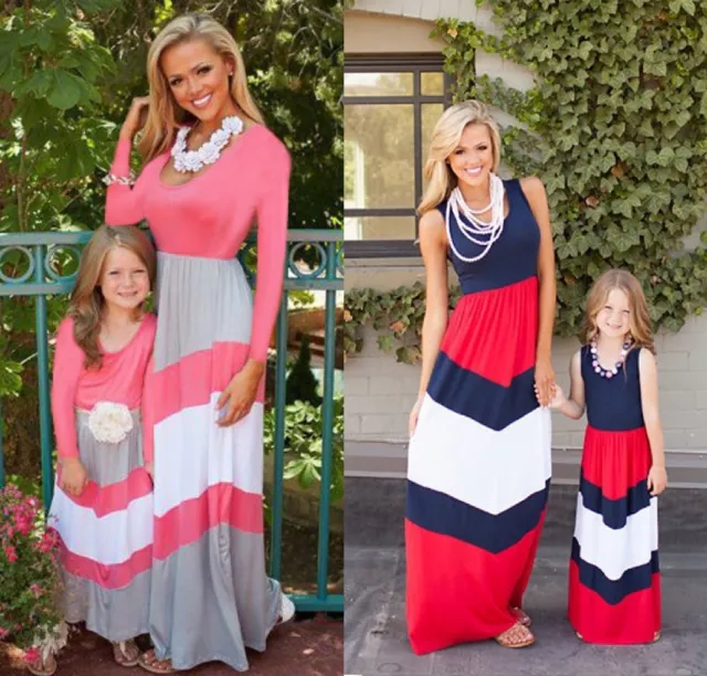 Mother and Daughter Casual Boho Stripe Maxi Dress Mommy&Me Matching Outfits #33