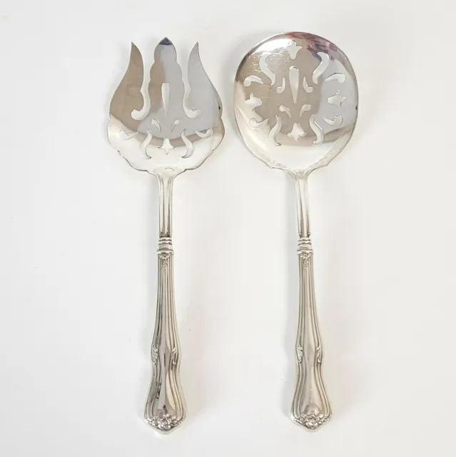 Antique Sterling Silver Handled Salad Fork / Spoon Pierced Serving Set