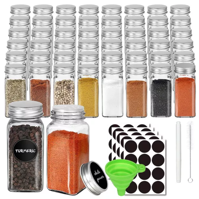 48PCS Clear Glass Spice Jars Lid Herb Seasoning Condiment Square Kitchen Storage