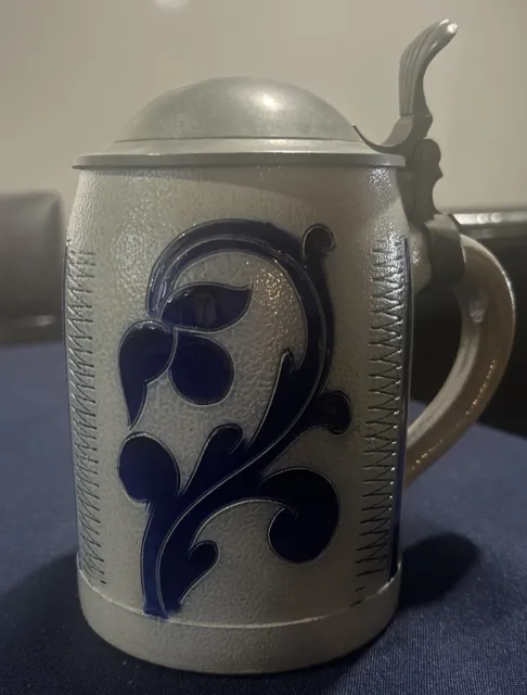 German Stein Stoneware .50 Liter Mug Tankard Blue Floral Pewter Lid Vintage