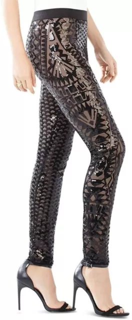 BCBGMAXAZRIA Black Dena Mosaic Sequined Tile Leggings.Sz S.Mint.$390