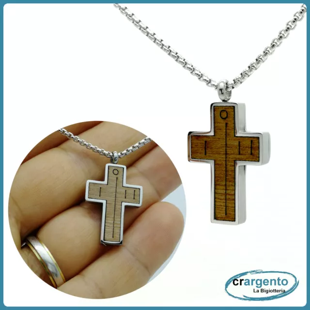 collana catena uomo acciaio inox a croce con legno argento girocollo crocifisso