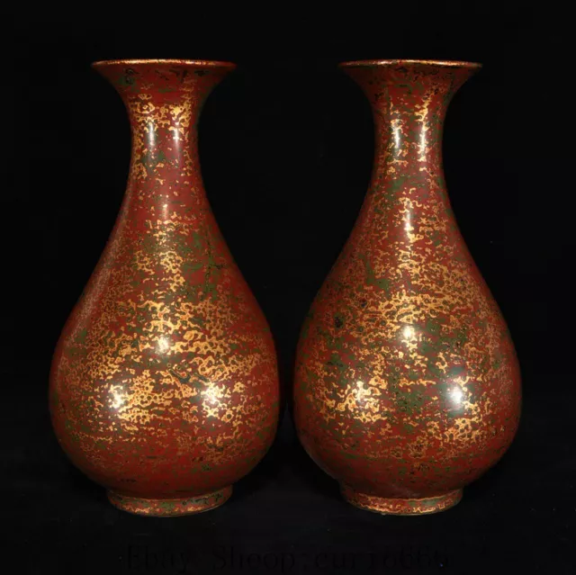 9.2'' Old Ming Xuande Green Red Glaze Porcelain Gold Flower Bottle Vase Pair