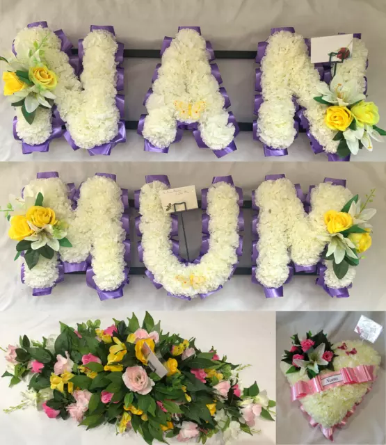 Mum Nan Heart & Spray Artificial Silk Funeral Flower Package Name Tribute Wreath