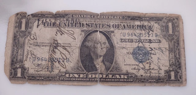 1935 A $1 Silver Certificate Short Snorter WWII Signature War Note