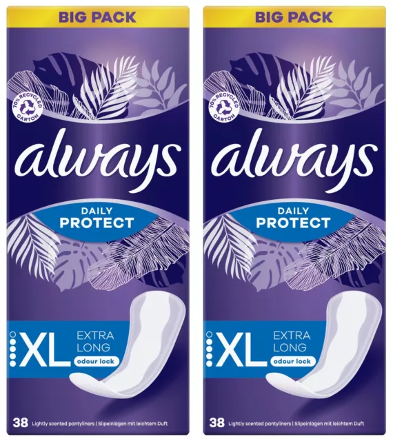 2 x Always Dailies Panty Liners Long Plus Fresh Protect Odour Neutralise 38 Pack