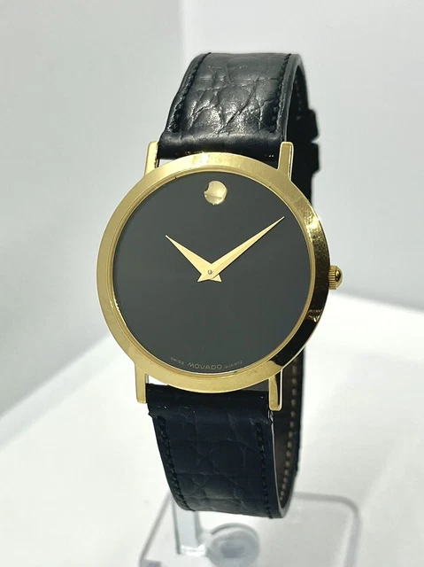 Movado Women’s Swiss Museum Classic Black Dial Leather Strap Gold Watch 8045060