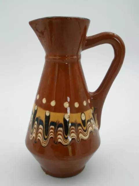 Bulgaria Troyan Redware Pottery Serving Pitcher Brown Drip Glaze Apriltsi Lovech