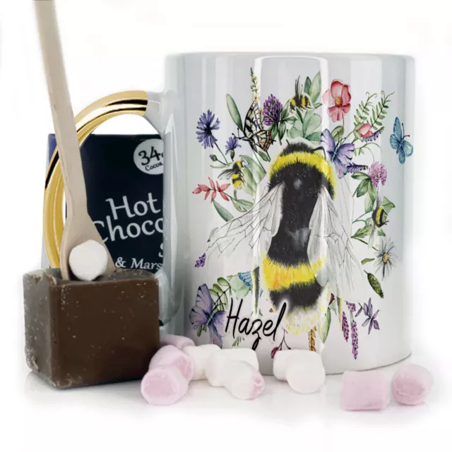 Personalised Mug with Belgian Hot Chocolate Stirrer Initial Bumble Bee Daisy