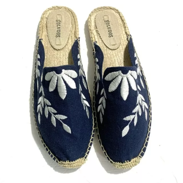 Soludos Espadrilles Flats sz 9.5 Navy Blue & White Embroidered Floral Slide On